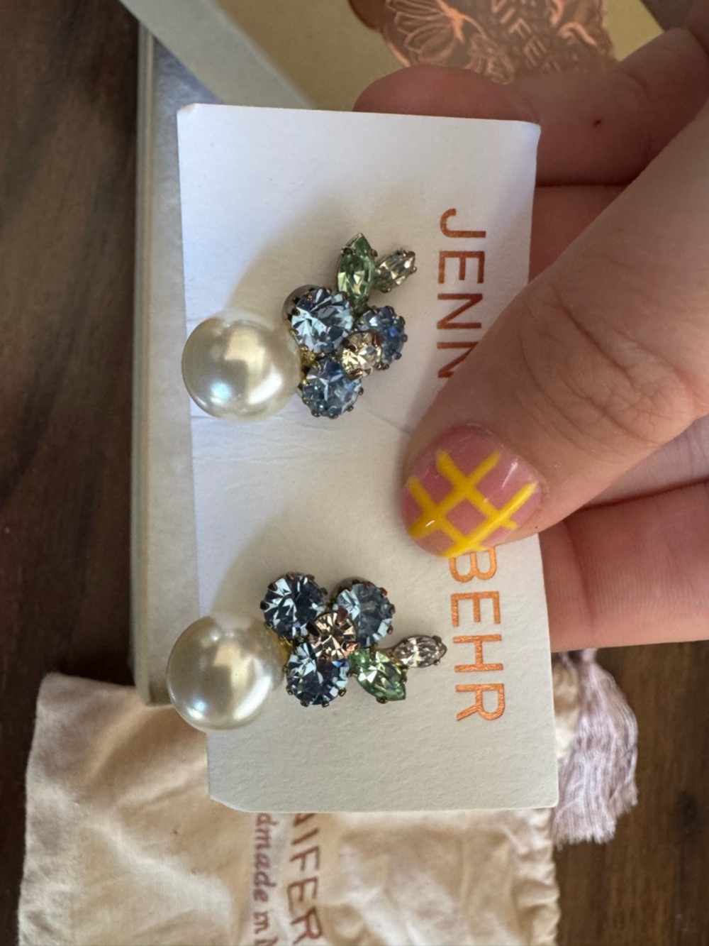 Jennifer Behr Blue, Green and Pearl Crystal Cluster Earrings - Picture 6 of 10